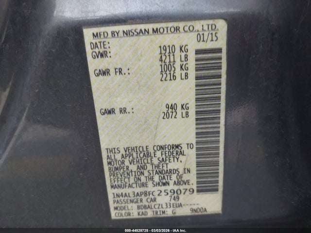 1N4AL3AP8FC259079 Nissan Altima 2.5/2.5 S/2.5 Sl/2.5 Sv