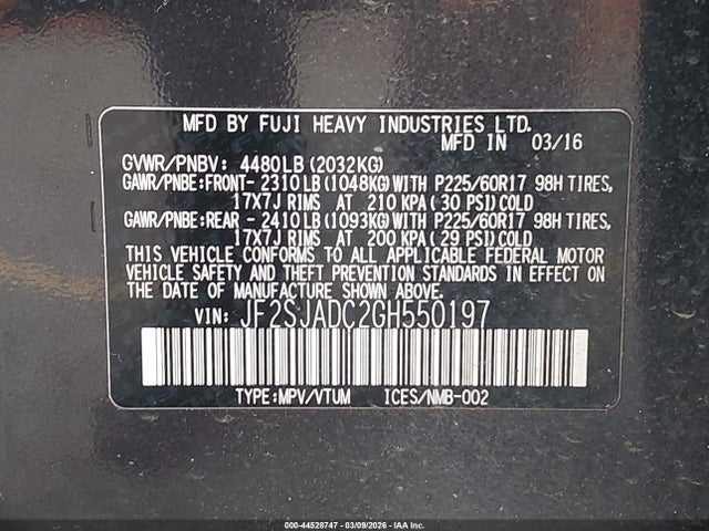 44528747 :رقم المزاد ، JF2SJADC2GH550197 vin ، 2016 Subaru Forester 2.5i Premium مزاد بيع