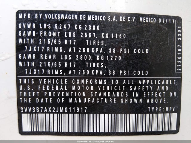 44528782 :رقم المزاد ، 3VV3B7AX2JM011917 vin ، 2018 Volkswagen Tiguan 2.0t Se/2.0t Sel مزاد بيع