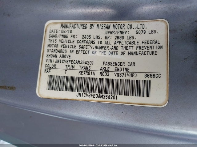 44528809 :رقم المزاد ، JN1CV6FE0AM354201 vin ، 2010 Infiniti G37 مزاد بيع