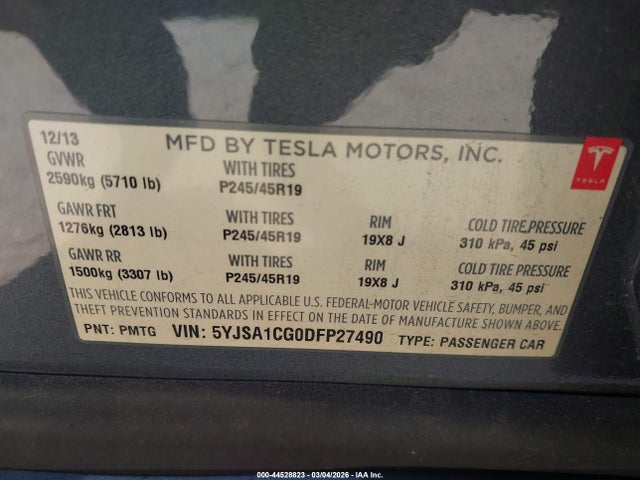 Aukcja sprzedaży 2013 Tesla Model S, vin: 5YJSA1CG0DFP27490, numer aukcji: 44528823