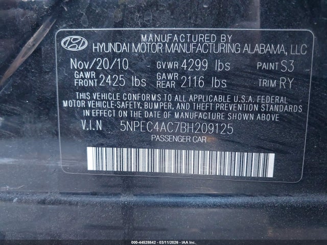 Aukcja sprzedaży 2011 Hyundai Sonata Se, vin: 5NPEC4AC7BH209125, numer aukcji: 44528842