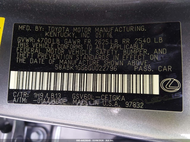 Продаж на аукціоні авто 2016 Lexus Es 350, vin: 58ABK1GG6GU022796, номер лоту: 44528849