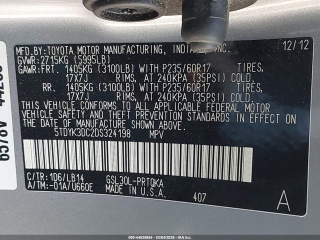 44528864 :رقم المزاد ، 5TDYK3DC2DS324198 vin ، 2013 Toyota Sienna Xle V6 8 Passenger مزاد بيع