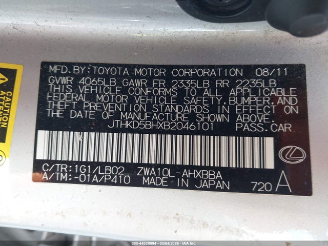 44528894 :رقم المزاد ، JTHKD5BHXB2046101 vin ، 2011 Lexus Ct 200h مزاد بيع