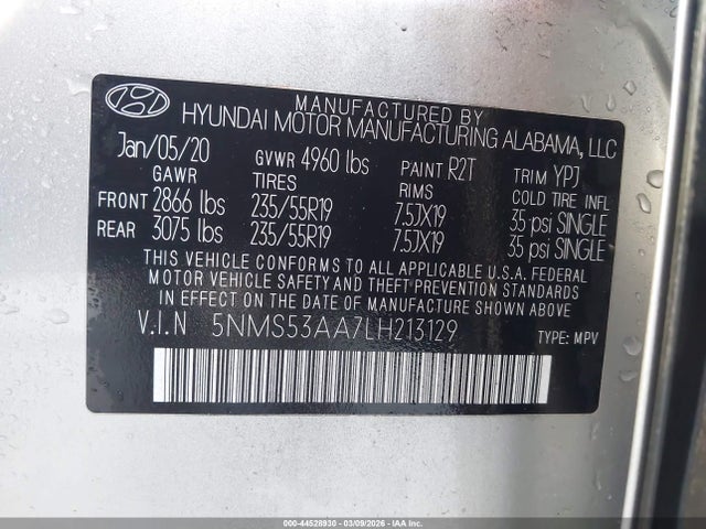 2020 Hyundai Santa Fe Limited 2.0t მანქანა იყიდება აუქციონზე, vin: 5NMS53AA7LH213129, აუქციონის ნომერი: 44528930