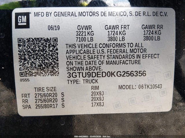 Aukcja sprzedaży 2019 Gmc Sierra 1500 Slt, vin: 3GTU9DED0KG256356, numer aukcji: 44528953
