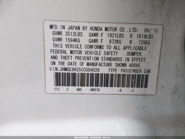 Продажа на аукционе авто 2012 Honda Fit, vin: JHMGE8H35CC004026, номер лота: 44529006