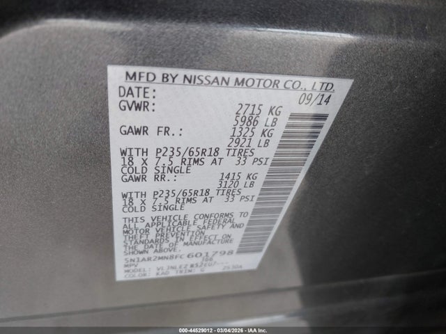 Nissan Pathfinder Platinum/s/sl/sv 2015 5N1AR2MN8FC601798 Image 9