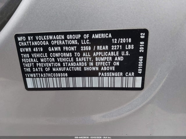 Aukcja sprzedaży 2017 Volkswagen Passat 1.8t Se, vin: 1VWBT7A37HC039306, numer aukcji: 44529036