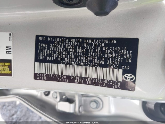 2021 Toyota Corolla Le მანქანა იყიდება აუქციონზე, vin: 5YFEPMAE3MP179620, აუქციონის ნომერი: 44529038