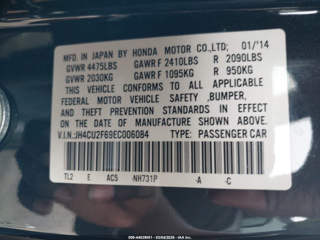 44529051 :رقم المزاد ، JH4CU2F69EC006084 vin ، 2014 Acura Tsx 2.4 مزاد بيع