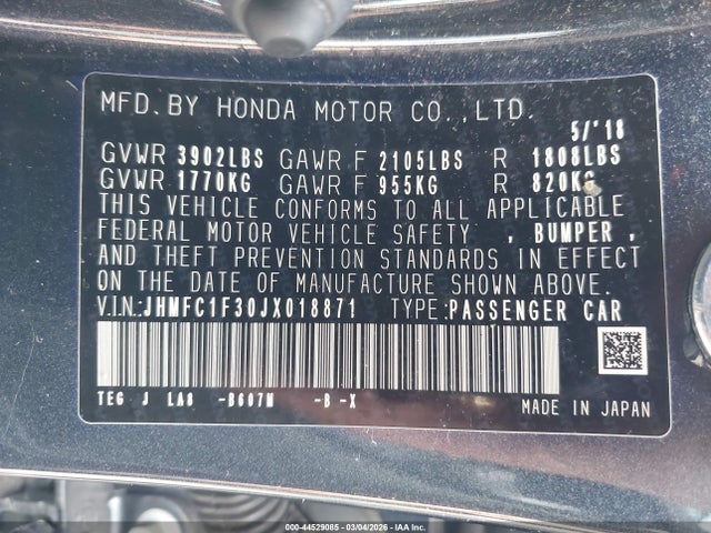 Honda Civic Ex-t 2018 JHMFC1F30JX018871 Image 9