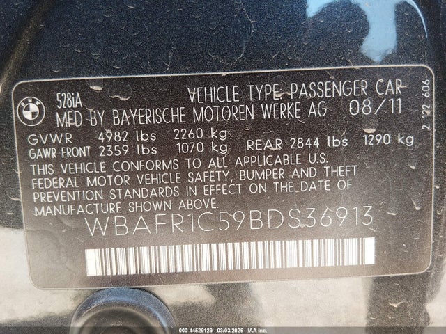 2011 Bmw 528i მანქანა იყიდება აუქციონზე, vin: WBAFR1C59BDS36913, აუქციონის ნომერი: 44529129