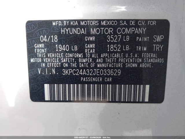 Продаж на аукціоні авто 2018 Hyundai Accent Se, vin: 3KPC24A32JE033629, номер лоту: 44529137