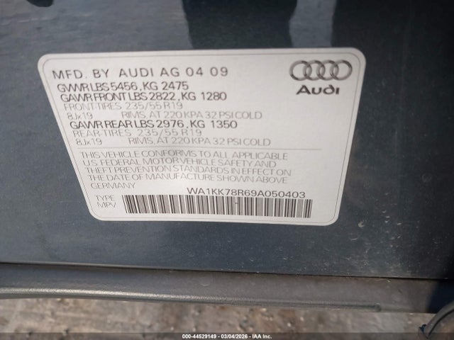 44529149 :رقم المزاد ، WA1KK78R69A050403 vin ، 2009 Audi Q5 3.2 Premium مزاد بيع