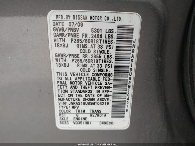 Продажа на аукционе авто 2009 Infiniti Fx35, vin: JNRAS18U89M104219, номер лота: 44529153