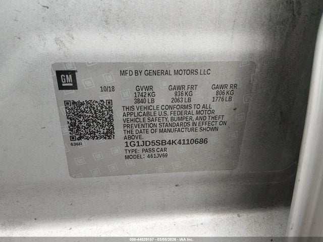 Продажа на аукционе авто 2019 Chevrolet Sonic Lt Auto, vin: 1G1JD5SB4K4110686, номер лота: 44529157
