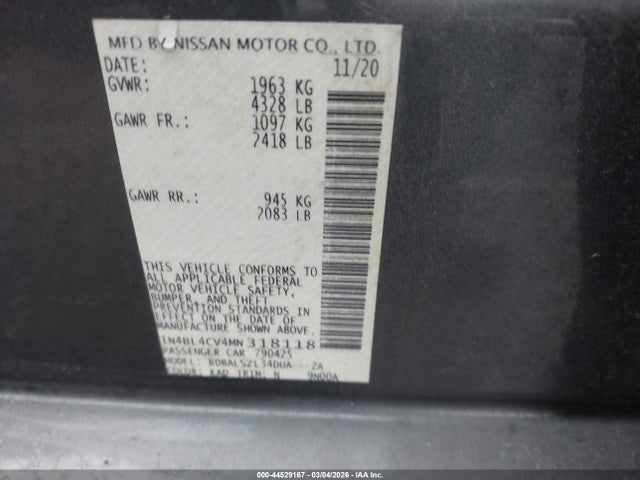 2021 Nissan Altima Sr Fwd მანქანა იყიდება აუქციონზე, vin: 1N4BL4CV4MN318118, აუქციონის ნომერი: 44529167