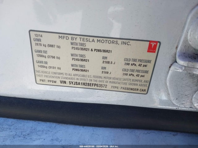 Продажа на аукционе авто 2014 Tesla Model S P85d, vin: 5YJSA1H28EFP63572, номер лота: 44529168