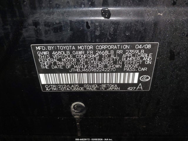 Продаж на аукціоні авто 2008 Lexus Es 350, vin: JTHBJ46G982242270, номер лоту: 44529172