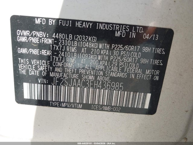 2014 Subaru Forester 2.5i მანქანა იყიდება აუქციონზე, vin: JF2SJAAC3EH436985, აუქციონის ნომერი: 44529181