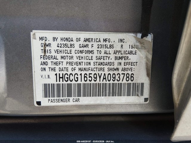Продаж на аукціоні авто 2000 Honda Accord 3.0 Ex, vin: 1HGCG1659YA093786, номер лоту: 44529197