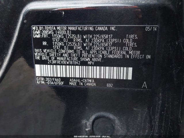 2T3RFREV9EW181942 Toyota Rav4 Xle