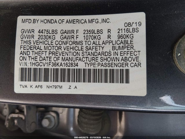 Aukcja sprzedaży 2019 Honda Accord Sport, vin: 1HGCV1F36KA162834, numer aukcji: 44529279