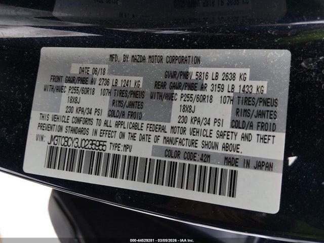 44529281 :رقم المزاد ، JM3TCBCY3J0235955 vin ، 2018 Mazda Cx-9 Touring مزاد بيع
