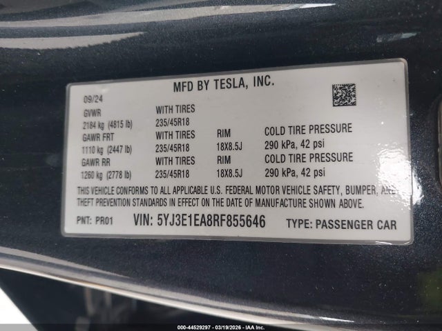 Aukcja sprzedaży 2024 Tesla Model 3 Long Range Dual Motor All-wheel Drive/rear-wheel Drive, vin: 5YJ3E1EA8RF855646, numer aukcji: 44529297