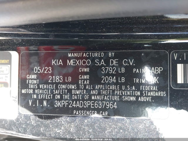 2023 Kia Forte Lxs მანქანა იყიდება აუქციონზე, vin: 3KPF24AD3PE637964, აუქციონის ნომერი: 44529298