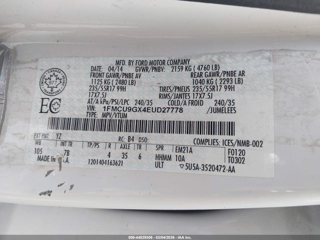Aukcja sprzedaży 2014 Ford Escape Se, vin: 1FMCU9GX4EUD27778, numer aukcji: 44529306