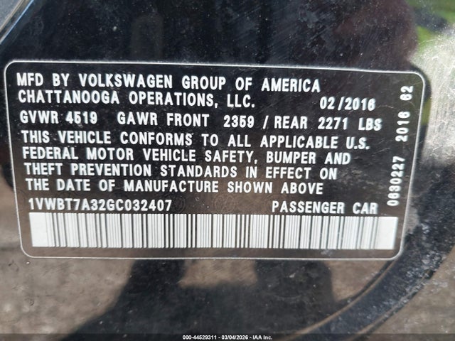 Продажа на аукционе авто 2016 Volkswagen Passat 1.8t Se, vin: 1VWBT7A32GC032407, номер лота: 44529311