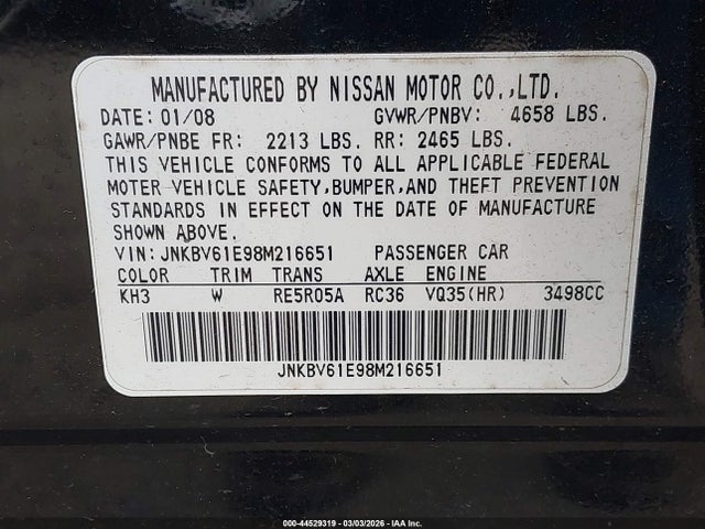 Продажа на аукционе авто 2008 Infiniti G35 Journey, vin: JNKBV61E98M216651, номер лота: 44529319