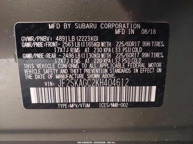 Продаж на аукціоні авто 2019 Subaru Forester Premium, vin: JF2SKAGC2KH404612, номер лоту: 44529338