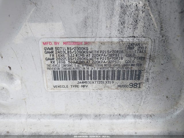 Aukcja sprzedaży 2007 Mitsubishi Outlander Es/ls, vin: JA4MS31X77Z013319, numer aukcji: 44529359