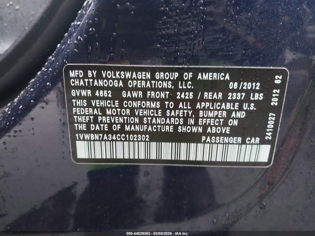 2012 Volkswagen Passat 2.0l Tdi Se მანქანა იყიდება აუქციონზე, vin: 1VWBN7A34CC102302, აუქციონის ნომერი: 44529363