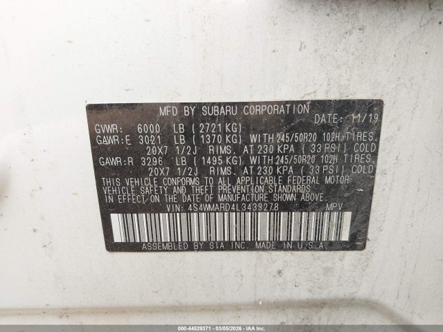 Aukcja sprzedaży 2020 Subaru Ascent Touring, vin: 4S4WMARD4L3433278, numer aukcji: 44529371