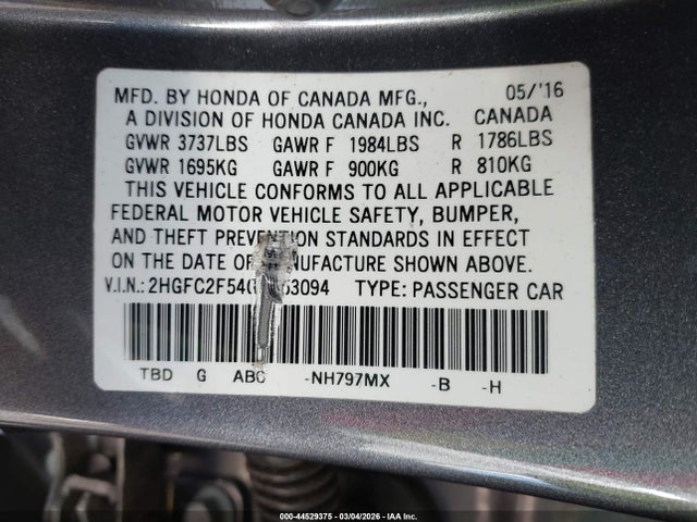 Honda Civic Lx 2016 2HGFC2F54GH553094 Image 9