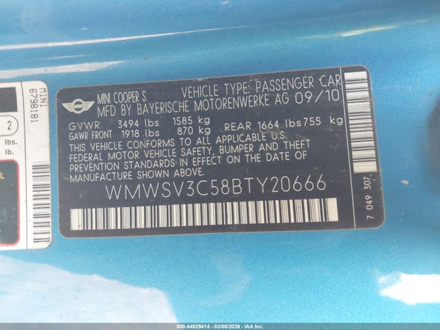 2011 MINI COOPER S WMWSV3C58BTY20666 Photo 8