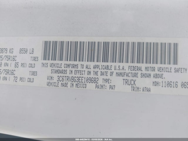 44529415 :رقم المزاد ، 3C6TRVBG3EE109682 vin ، 2014 Ram Promaster 1500 مزاد بيع