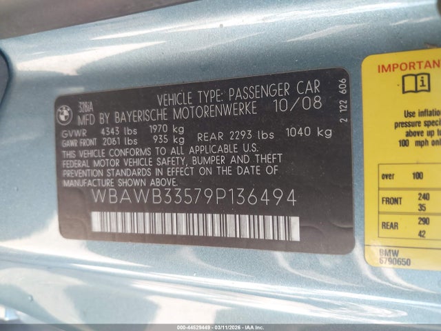 44529449 :رقم المزاد ، WBAWB33579P136494 vin ، 2009 Bmw 328i مزاد بيع