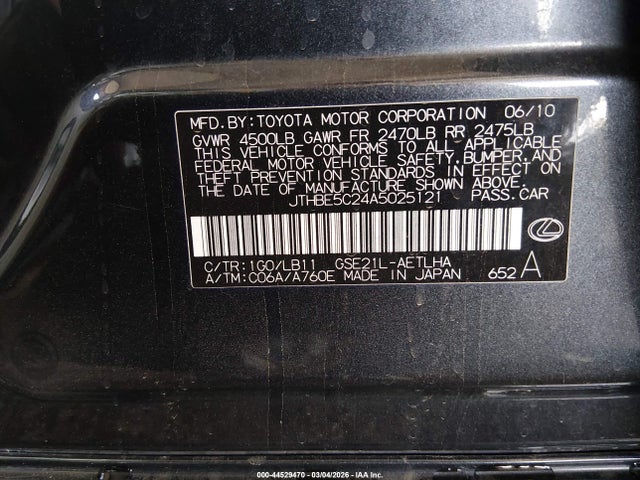 44529470 :رقم المزاد ، JTHBE5C24A5025121 vin ، 2010 Lexus Is 350 مزاد بيع