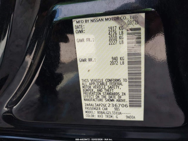 Aukcja sprzedaży 2016 Nissan Altima 2.5/2.5 S/2.5 Sl/2.5 Sr/2.5 Sv, vin: 1N4AL3AP2GC236706, numer aukcji: 44529472