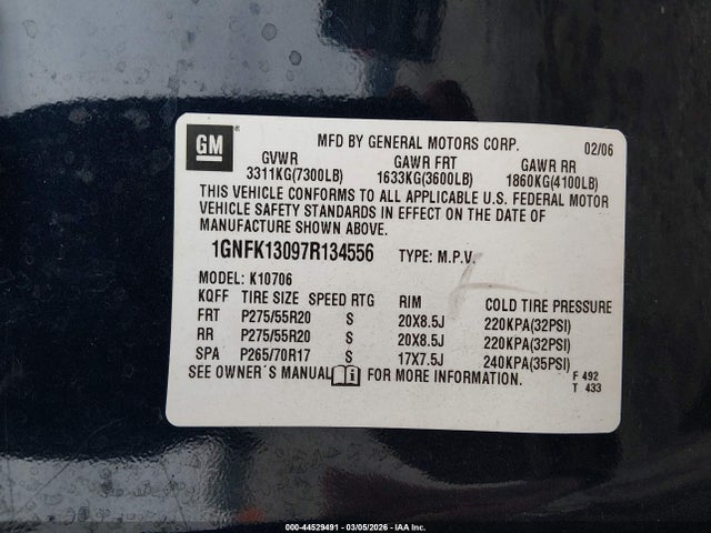 44529491 :رقم المزاد ، 1GNFK13097R134556 vin ، 2007 Chevrolet Tahoe Lt مزاد بيع