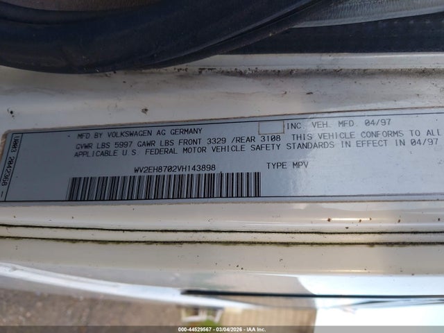 Продажа на аукционе авто 1997 Volkswagen Eurovan, vin: WV2EH8702VH143898, номер лота: 44529567