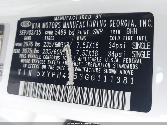 2016 Kia Sorento 3.3l Ex მანქანა იყიდება აუქციონზე, vin: 5XYPH4A53GG111381, აუქციონის ნომერი: 44529609