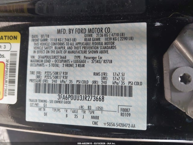 44529610 :رقم المزاد ، 3FA6P0UU3JR273668 vin ، 2018 Ford Fusion Hybrid S مزاد بيع