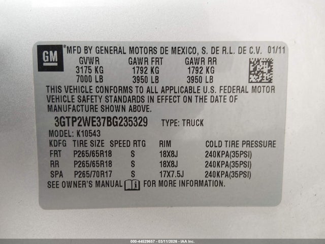 Aukcja sprzedaży 2011 Gmc Sierra 1500 Slt, vin: 3GTP2WE37BG235329, numer aukcji: 44529657